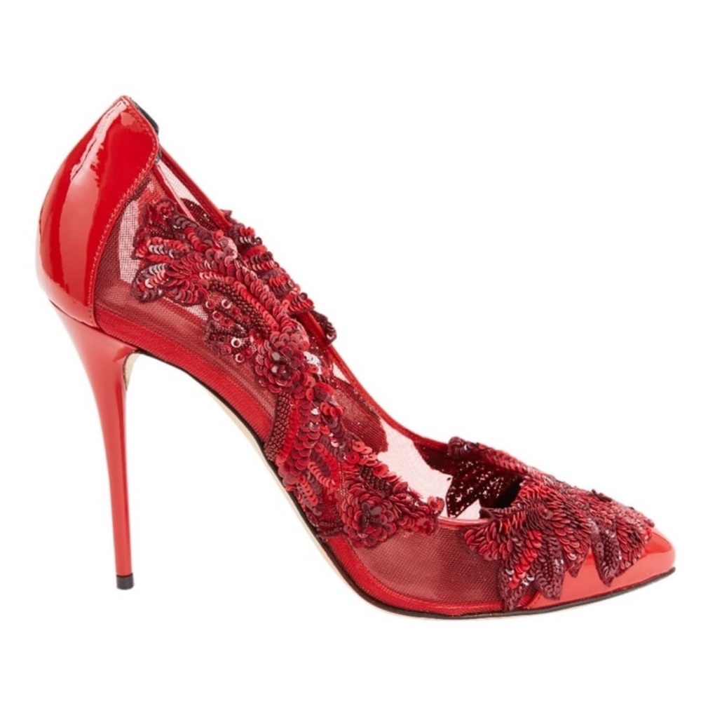 Red Patent Leather Embellished Pumps